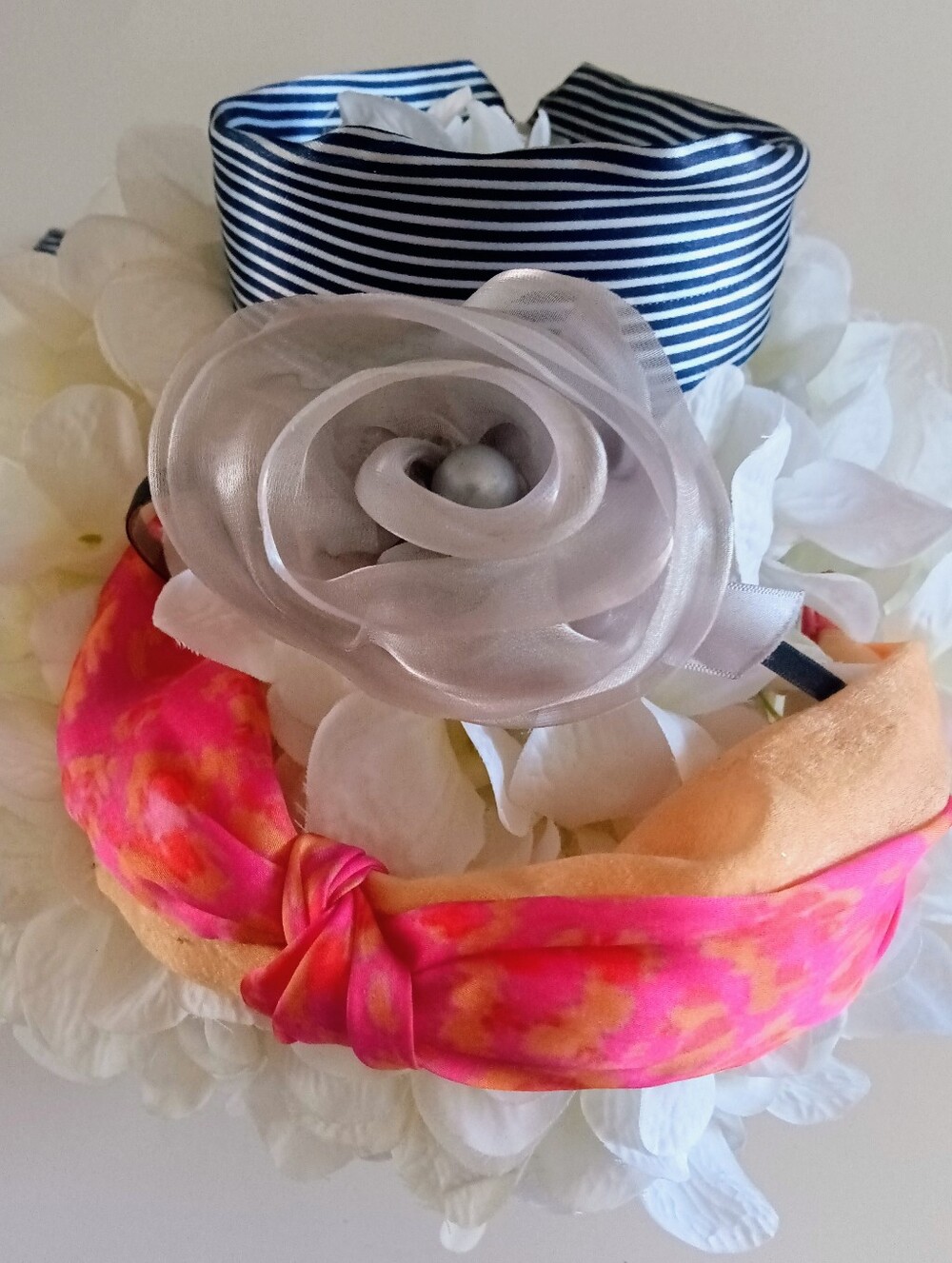 Set Of 3 Headbands Gray Rosette/Navy & White Wide Ribbon/Satin Pink & Orange